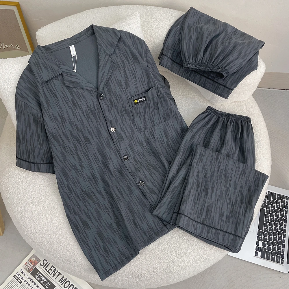 夏季短袖睡衣男士家居服套装短裤长裤三件套薄款开衫可外穿男夏天