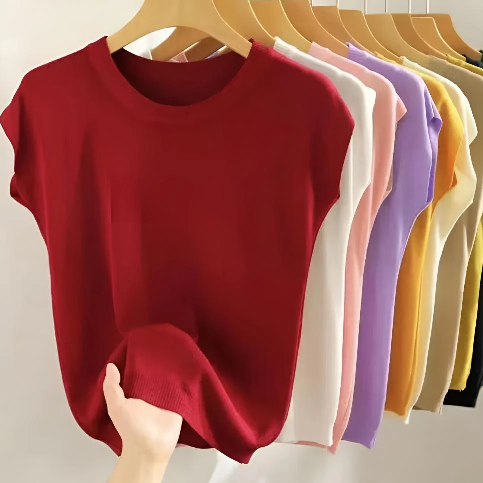 冰凉丝针织女衫2025夏季薄款修身圆领百搭落肩纯色落肩女装S819，