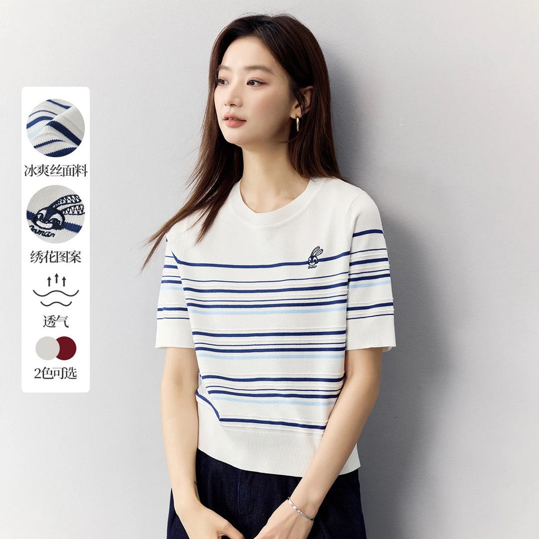 【欧若假日风】茵曼夏季冰爽丝薄款条纹针织衫百搭绣花透气舒适上衣