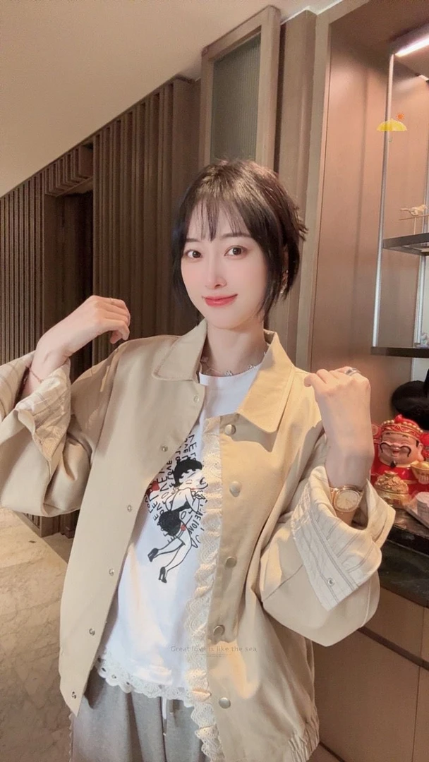 【张静芝】拼蕾丝花边小翻领夹克外套