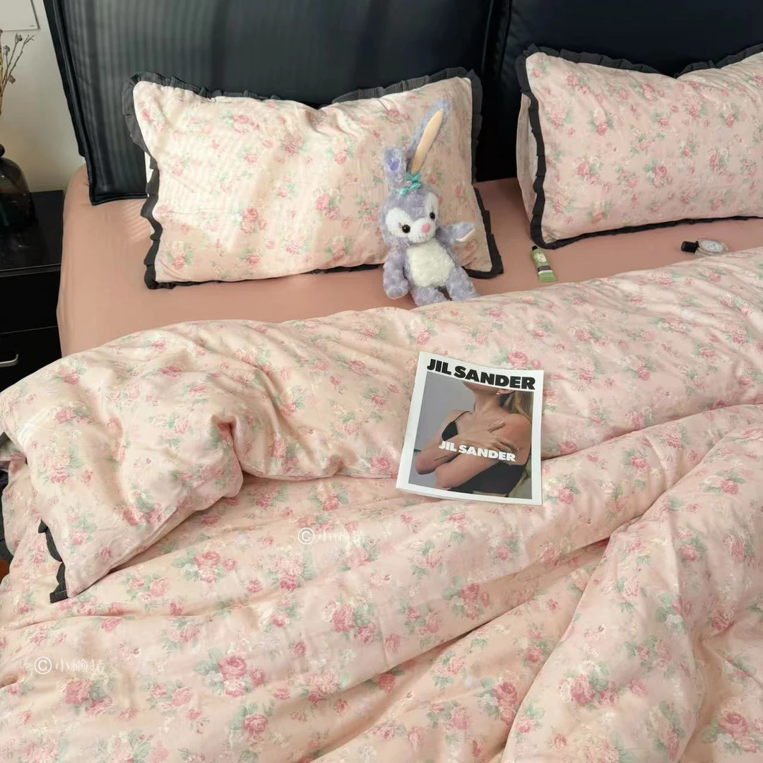 全棉双层纱四件套母婴A类纯棉双层纱套件碎花床品三件套公主风