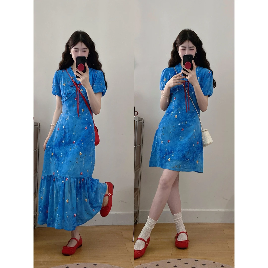 2025大码法式温柔风木耳边晕染V领连衣裙女夏季气质收腰短袖长裙