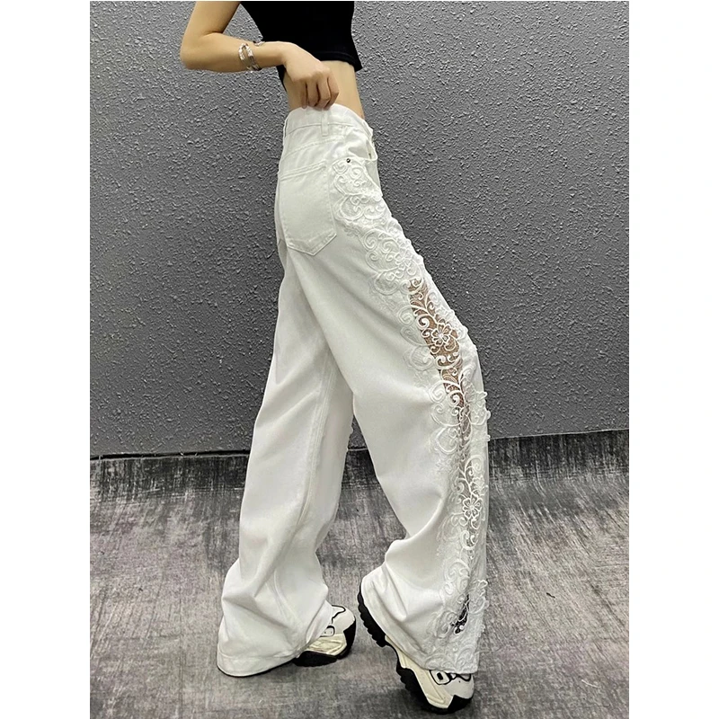 高定款白色蕾丝镂空筒裤女2025夏季薄款洋气百搭显瘦高直筒牛仔裤