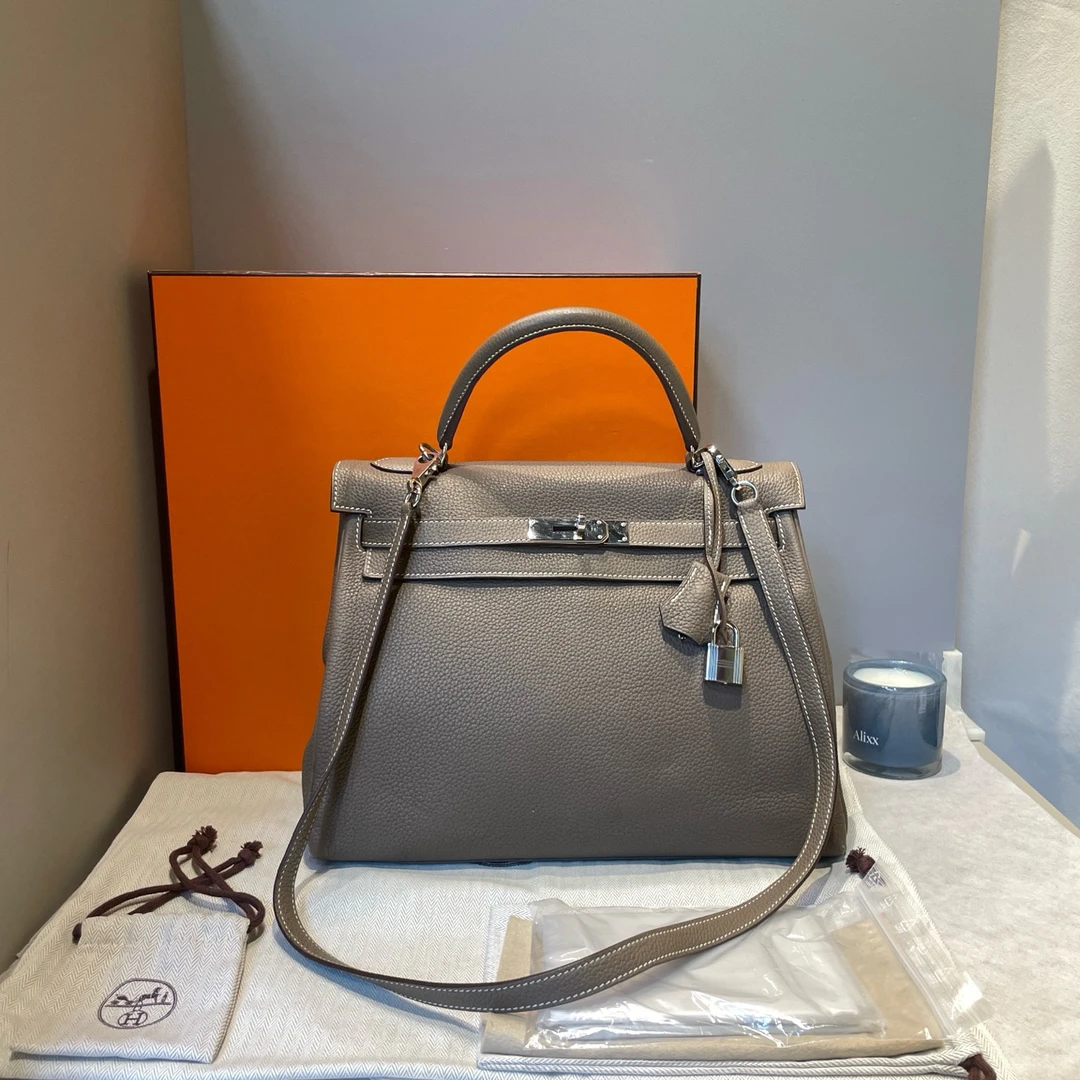 95新 Hermes/爱马仕 kelly32 银扣 Togo皮 大象灰手提包 A刻