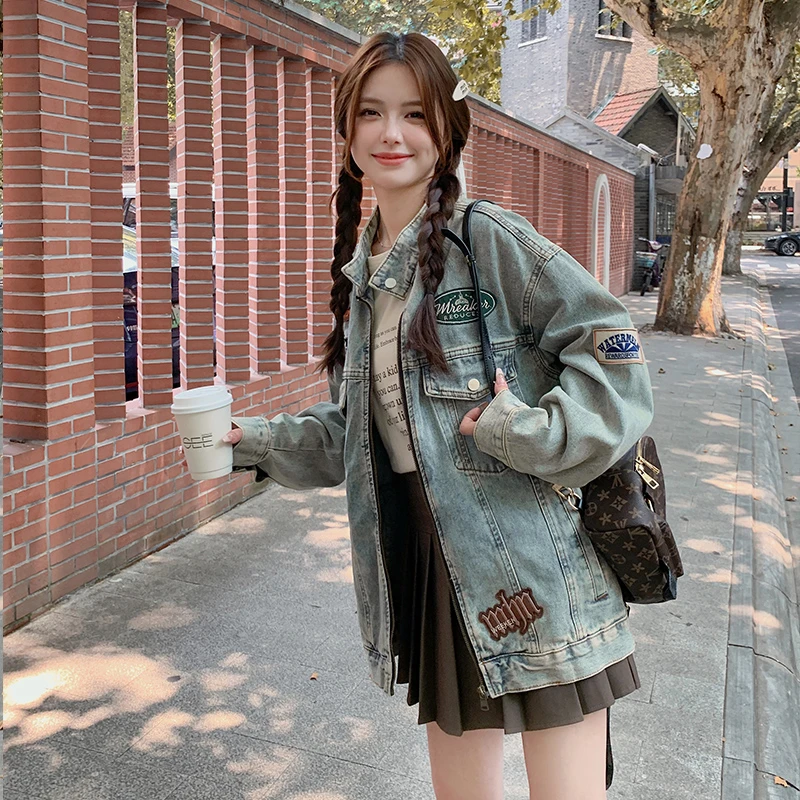 美式复古贴布浅色牛仔外套女春秋新款小个子休闲网红炸街宽松夹克