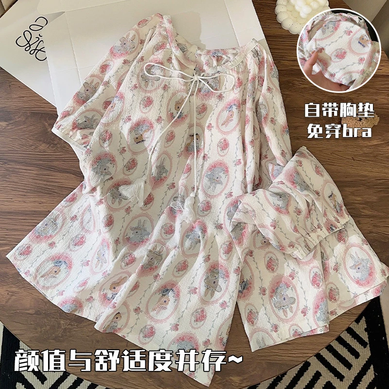 小兔子睡衣夏季女带胸垫短袖梭织棉新款学生网红风夏天家居服套装