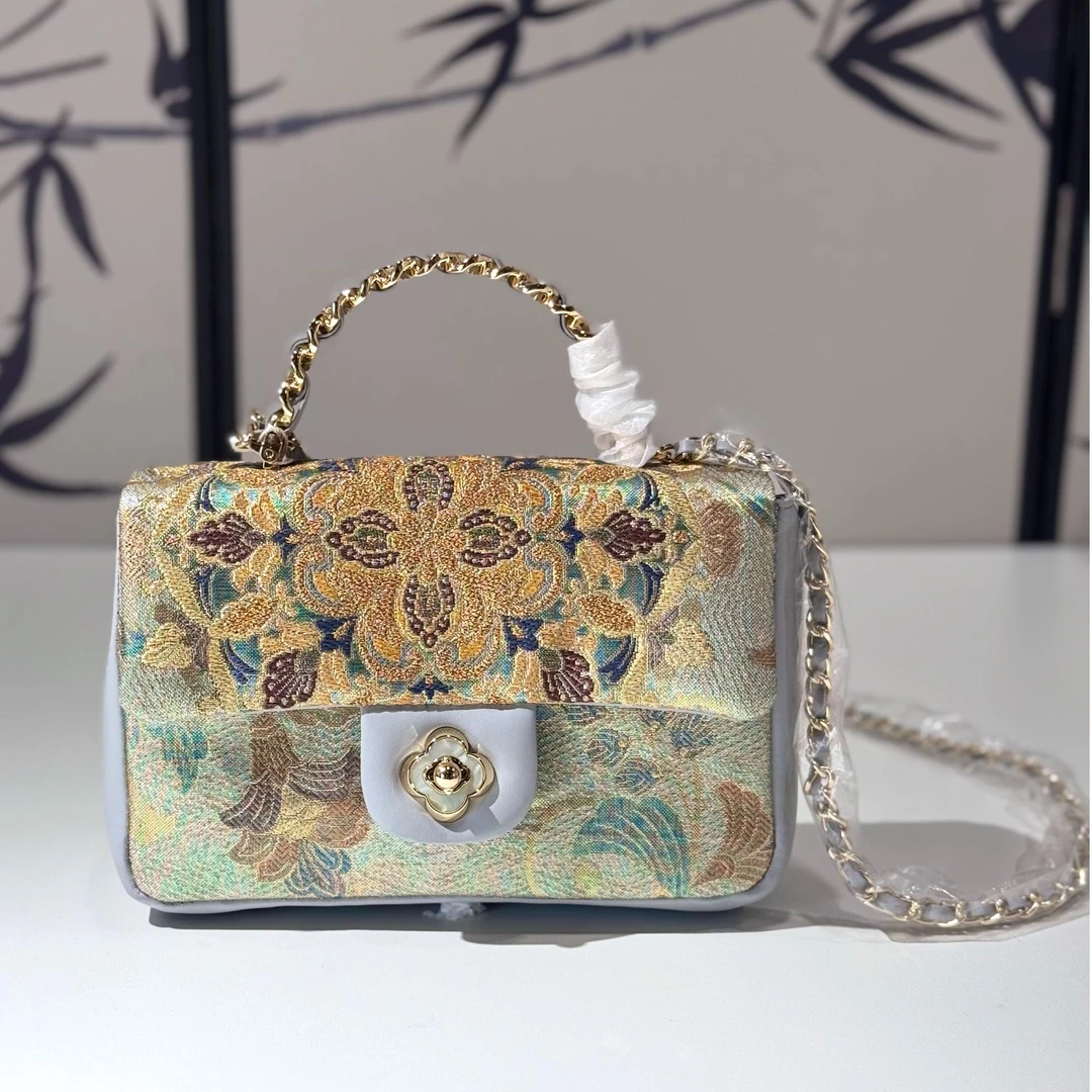 【新品】非遗真丝唐锦定制  灰蓝色手提小香包 新中式国风真皮女包