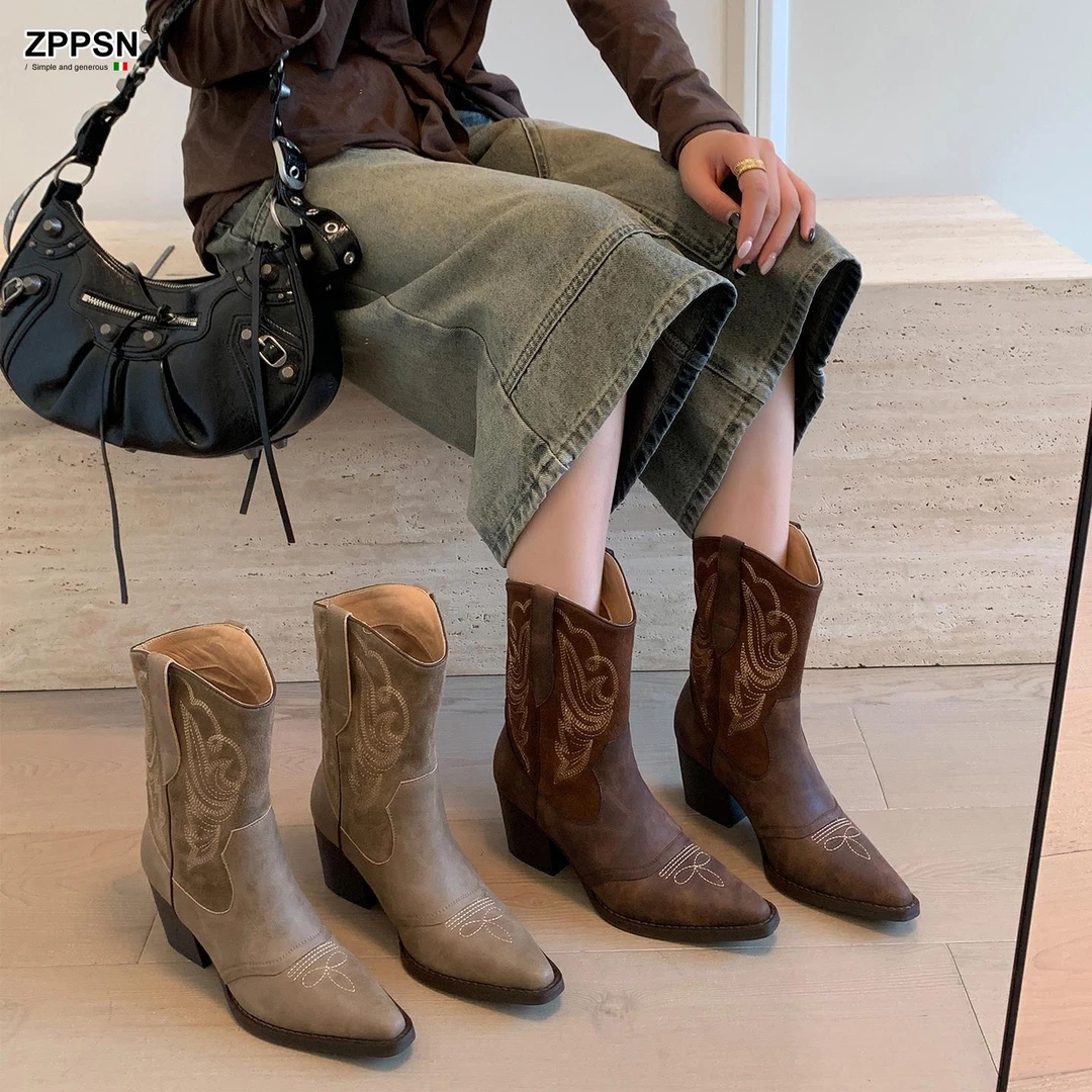 ZPPSN真皮西部女式牛仔靴2025新款覆古绣花粗跟中小腿高跟