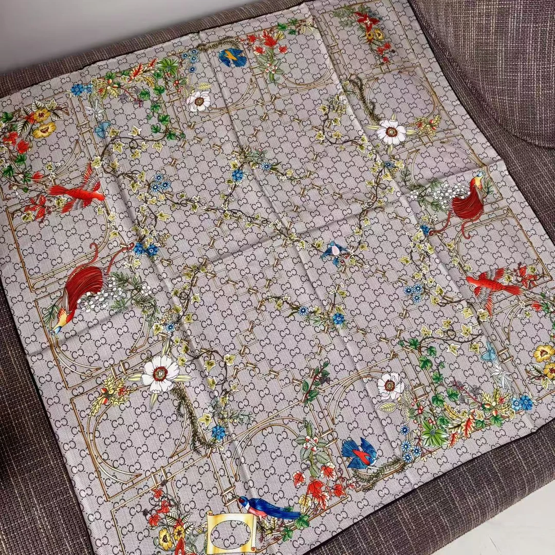 鸟与花卉- 90cm23姆米巴拿绸双面丝巾高端品质桑蚕丝真丝