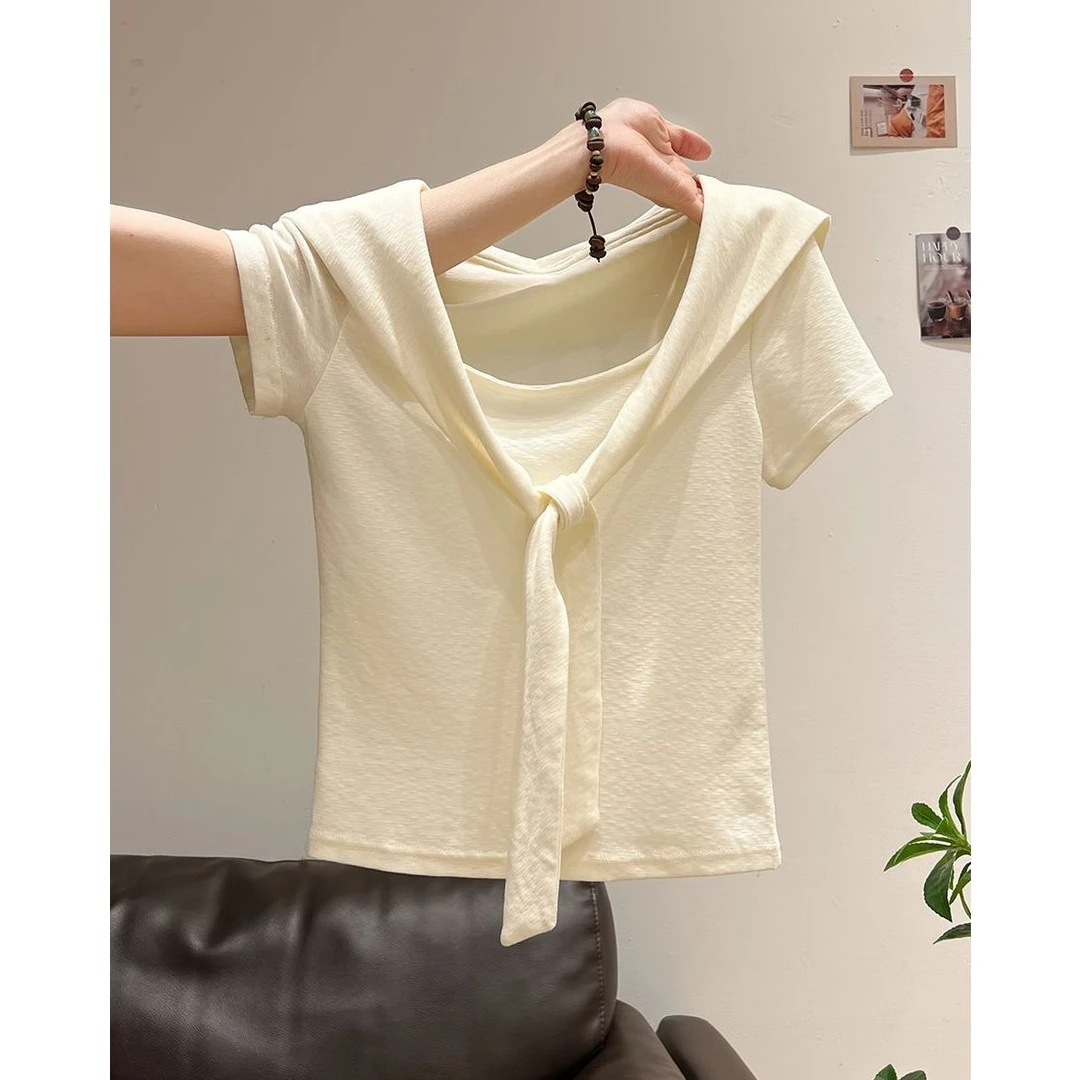 假两件U领披肩纯色短袖T恤女夏季2025新款小众短款设计感修身上衣