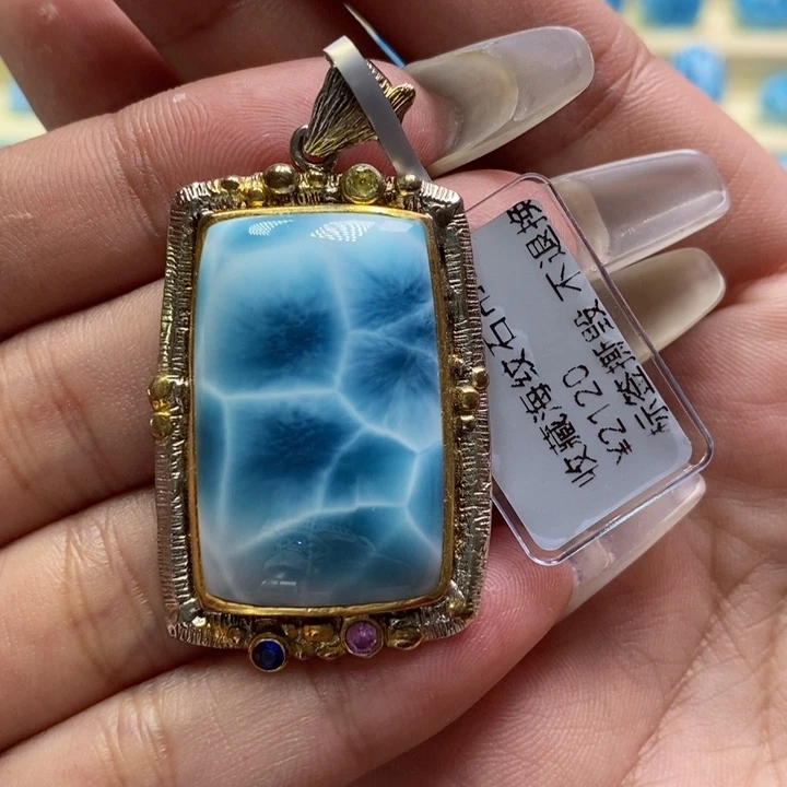 针钠钙石（海纹石）银S925镶嵌颈饰