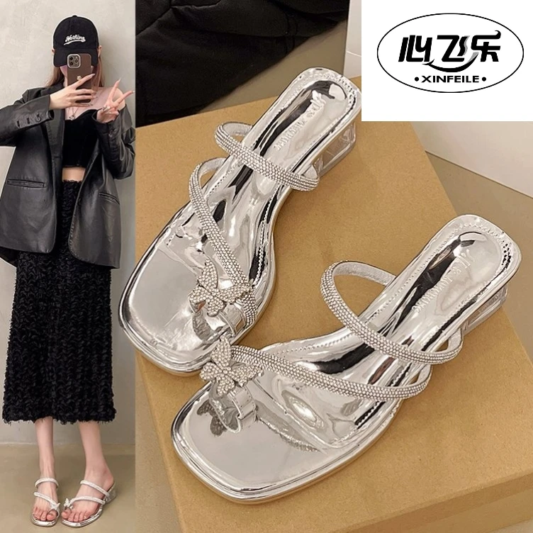 蝴蝶结凉鞋露趾外穿穿搭小众轻奢凉鞋2025今年流行的中跟堆堆靴子