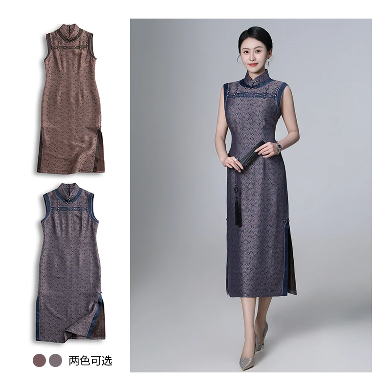 青娘子（瑞锦）刺绣串珠盘扣时尚复古气质中长款修身旗袍裙--60365
