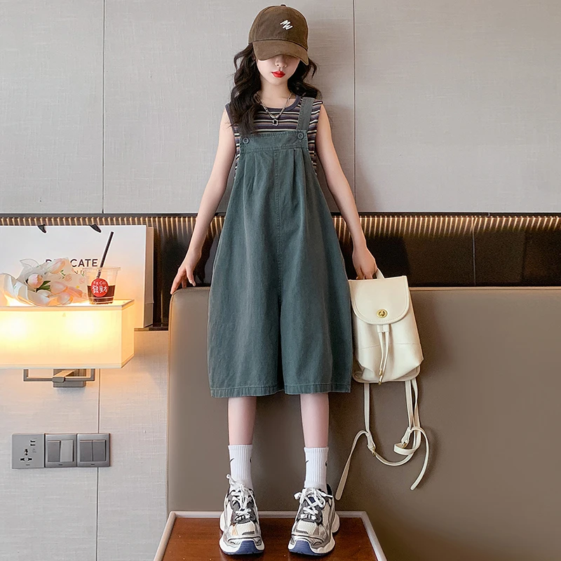 儿童背带短裤夏季2025新款洋气女孩韩系薄牛仔中裤T恤两件套童装