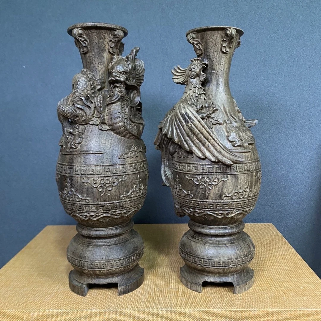 【龙凤花瓶】越沉实木木雕摆件摆件居家摆件龙凤呈祥精雕26厘米高