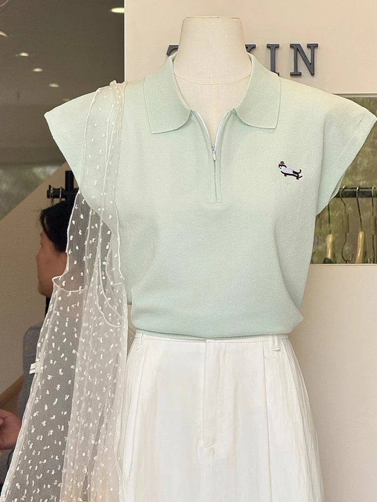 Polo领小飞袖薄荷绿短袖t恤女2025新款夏气质小众不撞款冰丝上衣