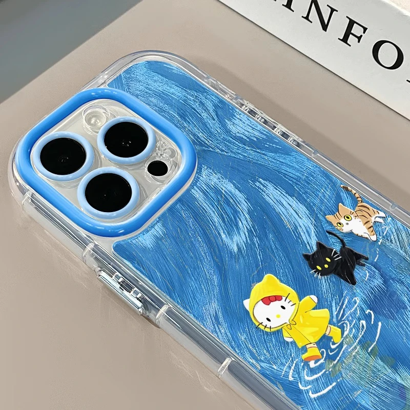 雨衣kitty和猫咪适用苹果16奶油羽纱纹卡通手机壳iphone15可爱ins