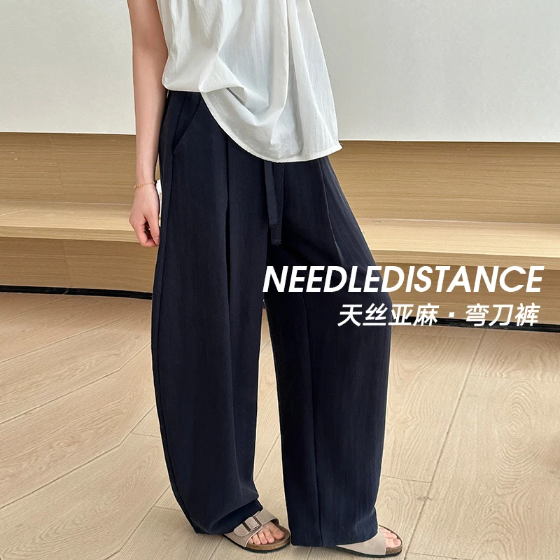 藏青色棉麻气球裤女夏季高腰垂感宽松慵懒风小个子弯刀凉凉阔腿裤