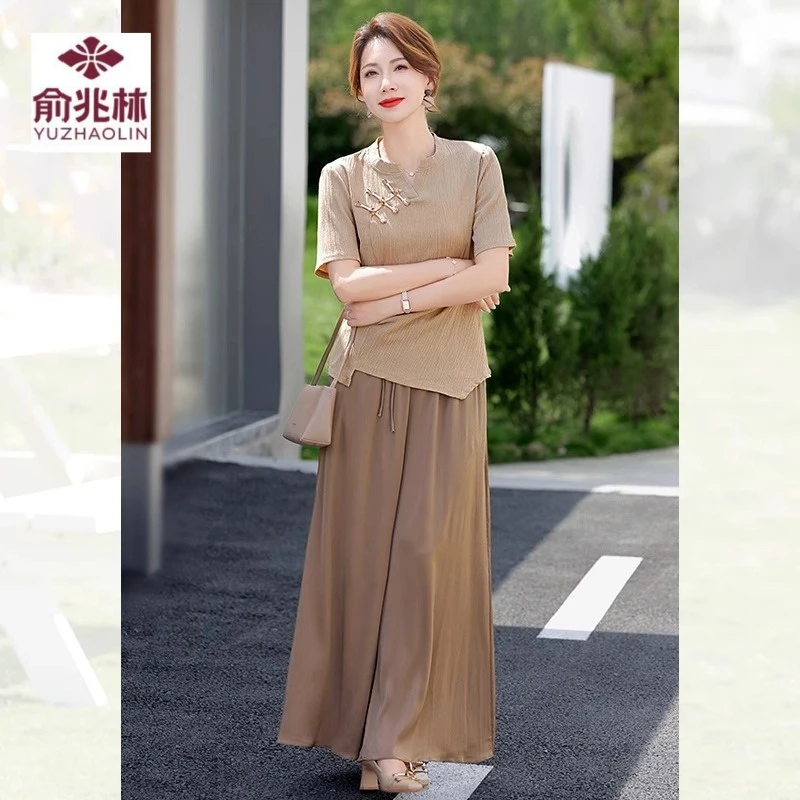 妈妈装夏季新中式套装中老年女士夏季新款短袖小衫洋气裙裤两件套