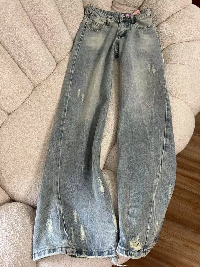 微胖mm复古做旧阔腿破洞牛仔裤女夏季磨破线条设计感辣妹直筒裤子
