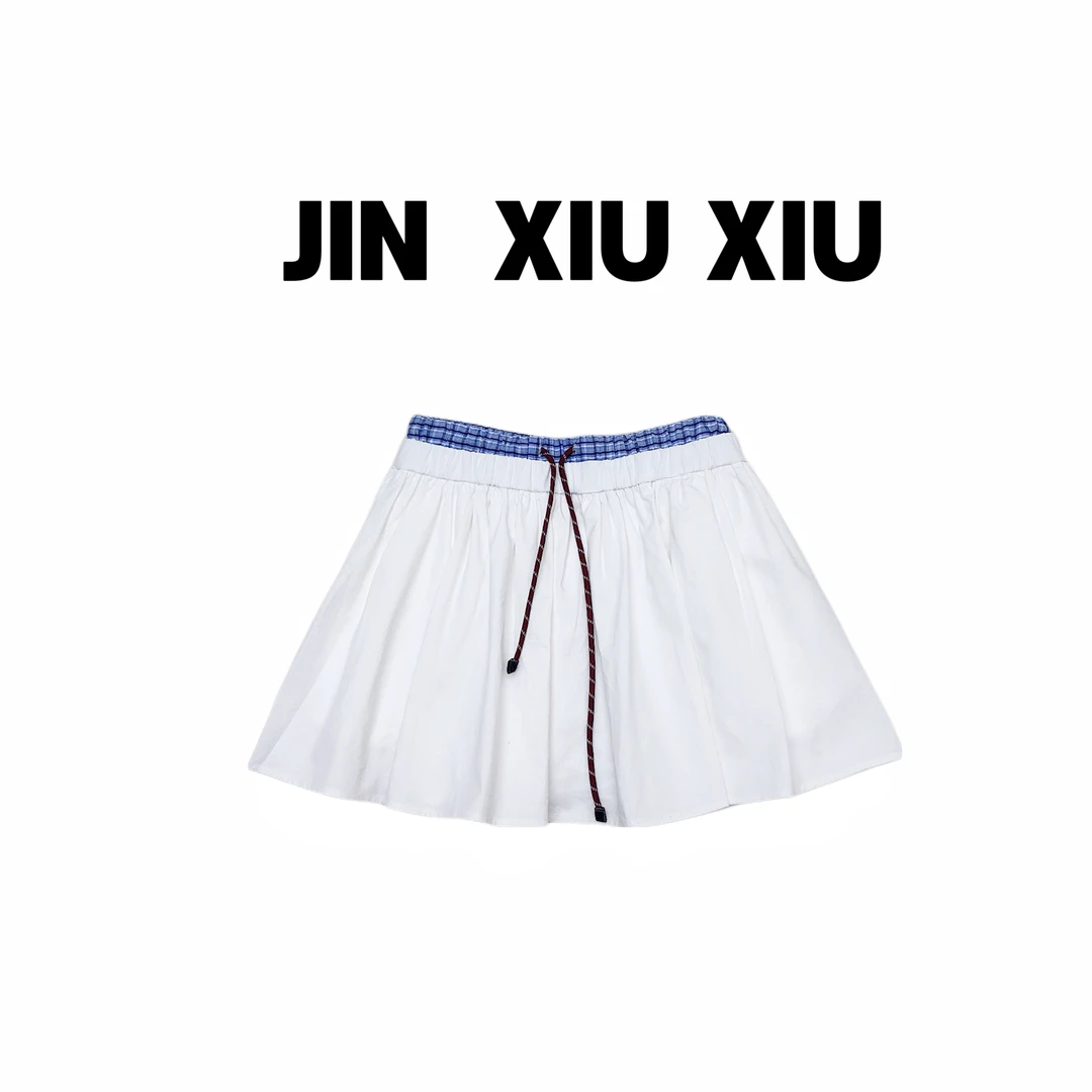 JINXIUXIU夏季新款格子拼接韩系甜美抽绳短裙1030