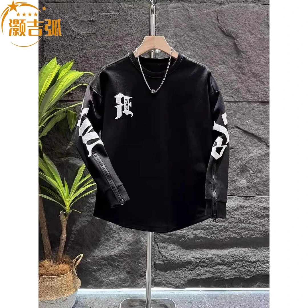 灏吉弧秋冬新款潮流圆弧拉链袖卫衣男士时尚加绒长袖打底衫