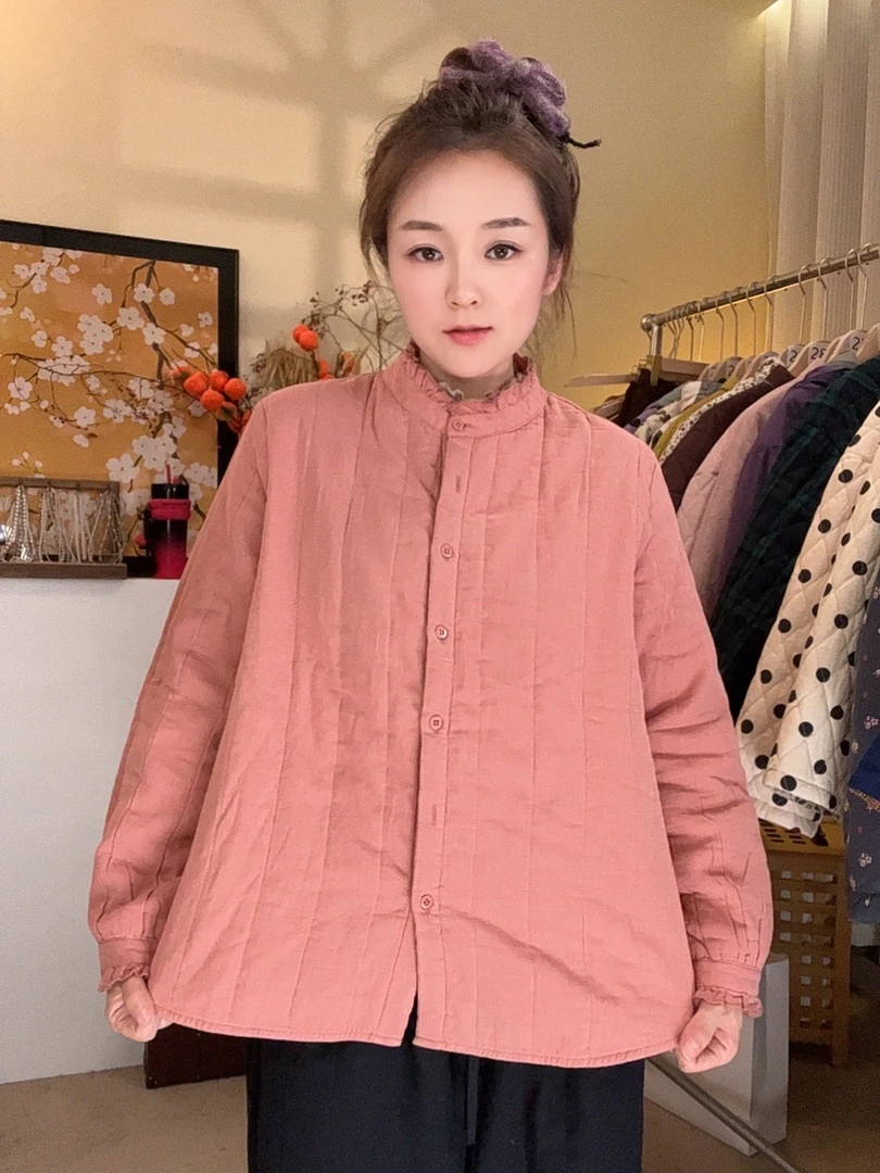 沐源 6008夹棉衬衣女花边手袖娃娃领立领保暖加厚棉服衬衫