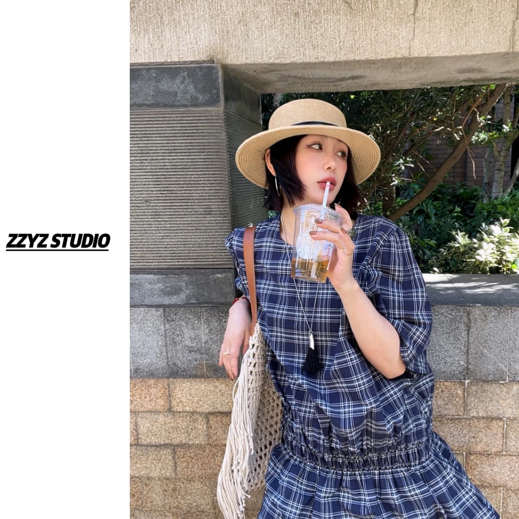 【ZZYZ】“法式浪漫”小众荷叶边下摆掐腰圆领短袖T恤别致格纹小衫