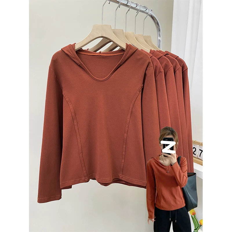 大码200斤休闲风韩系鱼骨线连帽衫设计感正肩长袖t恤女上衣ins潮