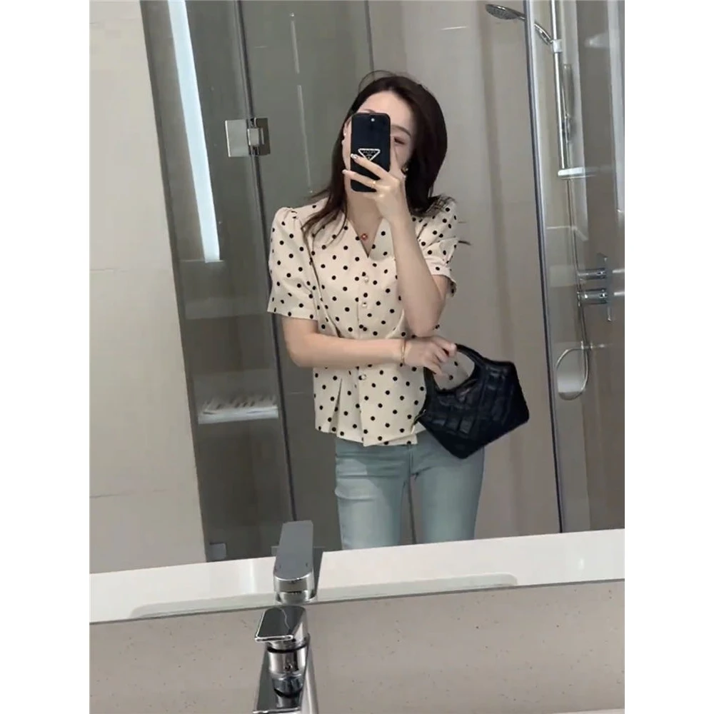 高级感波点衬衫女短袖2025夏季新款设计感洋气时尚不规则收腰上衣