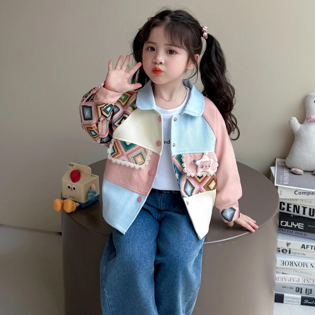 女童外套春秋2025新款儿童拼色翻领夹克洋气女宝休闲棒球服上衣潮