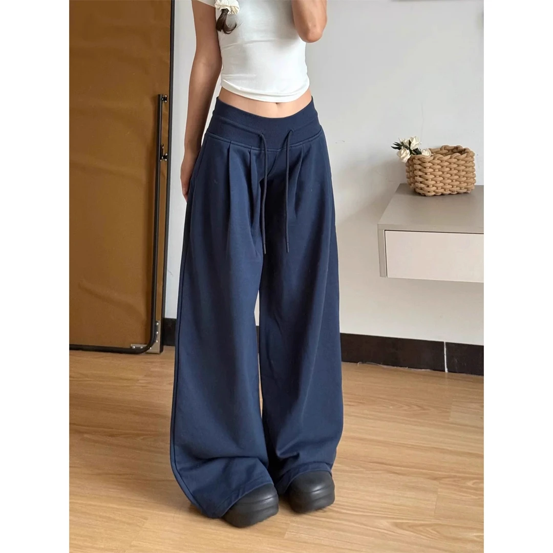 慵懒风秋款藏蓝色阔腿裤女大码高腰抽绳松弛感胖妹妹显瘦休闲卫裤