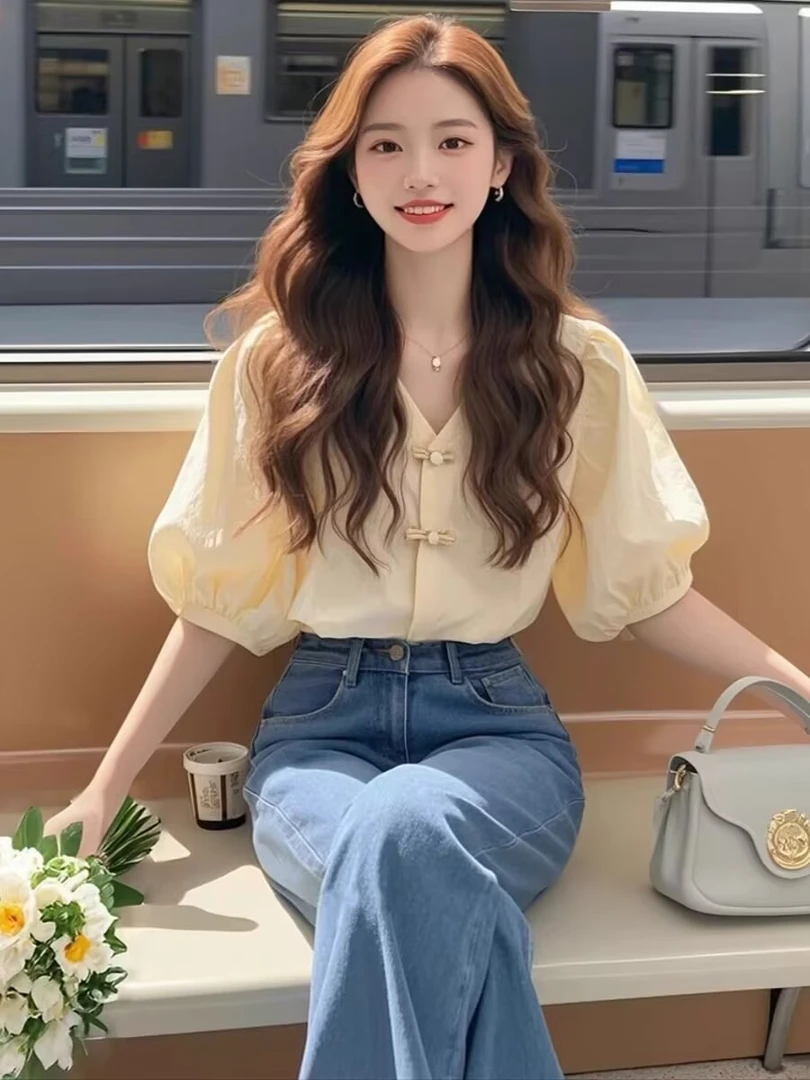 专柜同款洋气2025泡泡袖夏季女士黄色V领衬衫韩版短袖雪纺衫高级