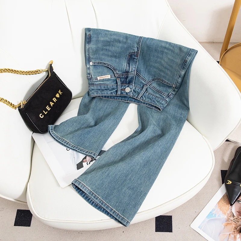 夏季垂感微宽松九分喇叭牛仔裤女高腰显瘦八分小个子不贴腿直筒裤