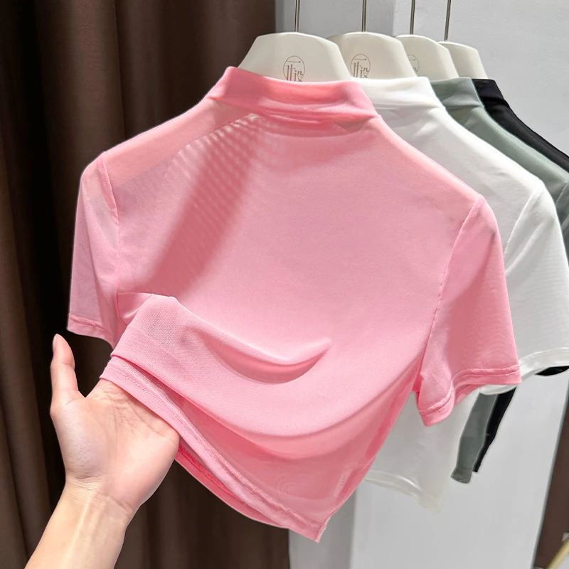 半高领粉色上衣夏季新款轻薄高弹力网纱t恤女短袖性感半透打底衫