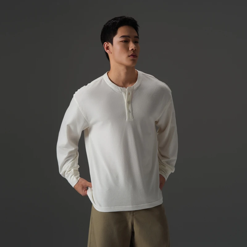 BD.POWER UP+秋季亨利领长袖t恤男简约复古宽松运动针织打底衫