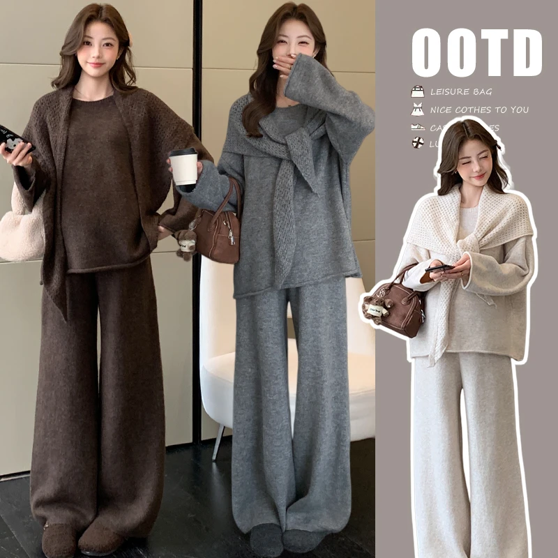 孕妇装秋冬季新款慵懒风套装时尚休闲韩版三角巾毛衣阔腿裤三件套