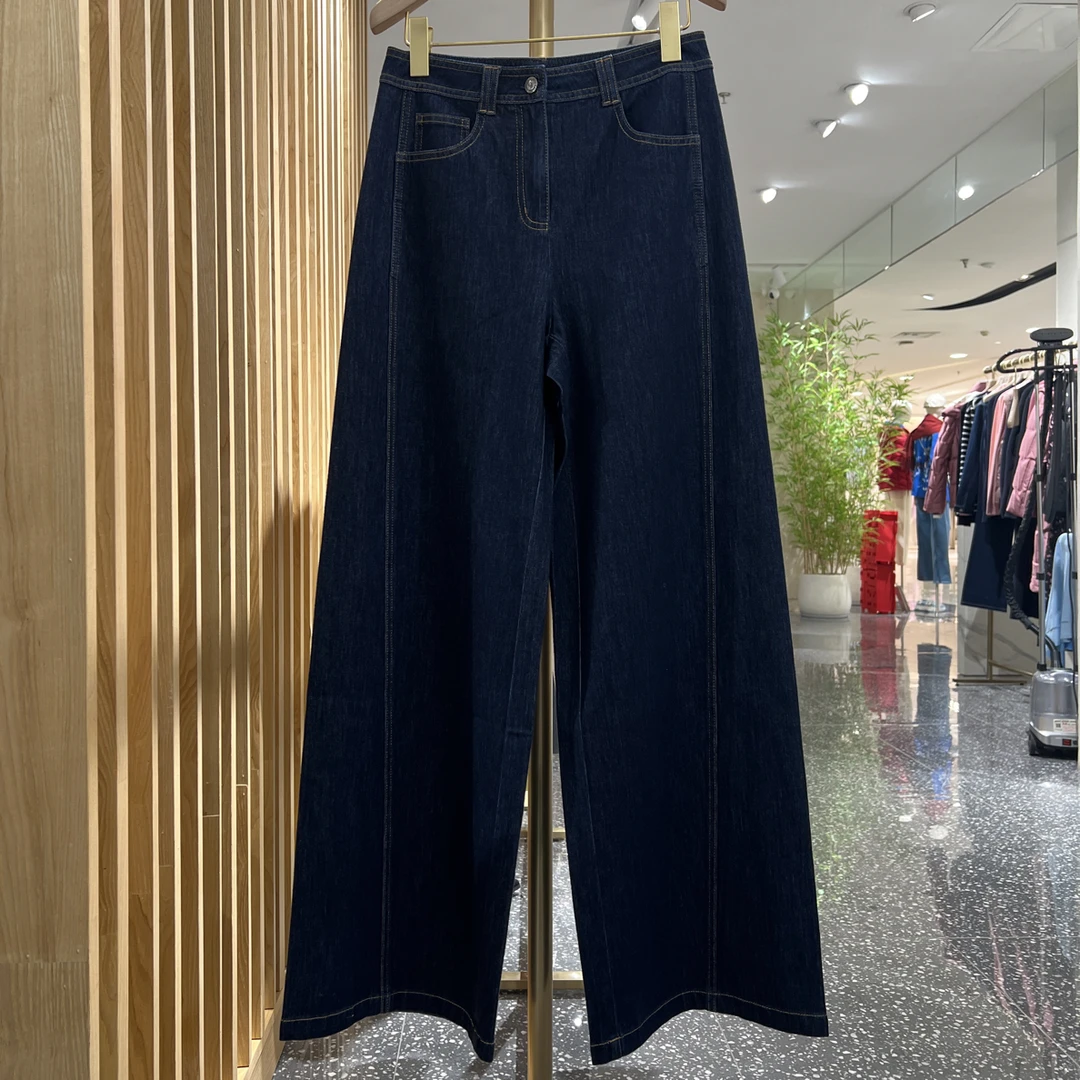 声雨竹7S113春秋高腰深蓝色阔腿牛仔裤显瘦百搭垂感长裤时尚