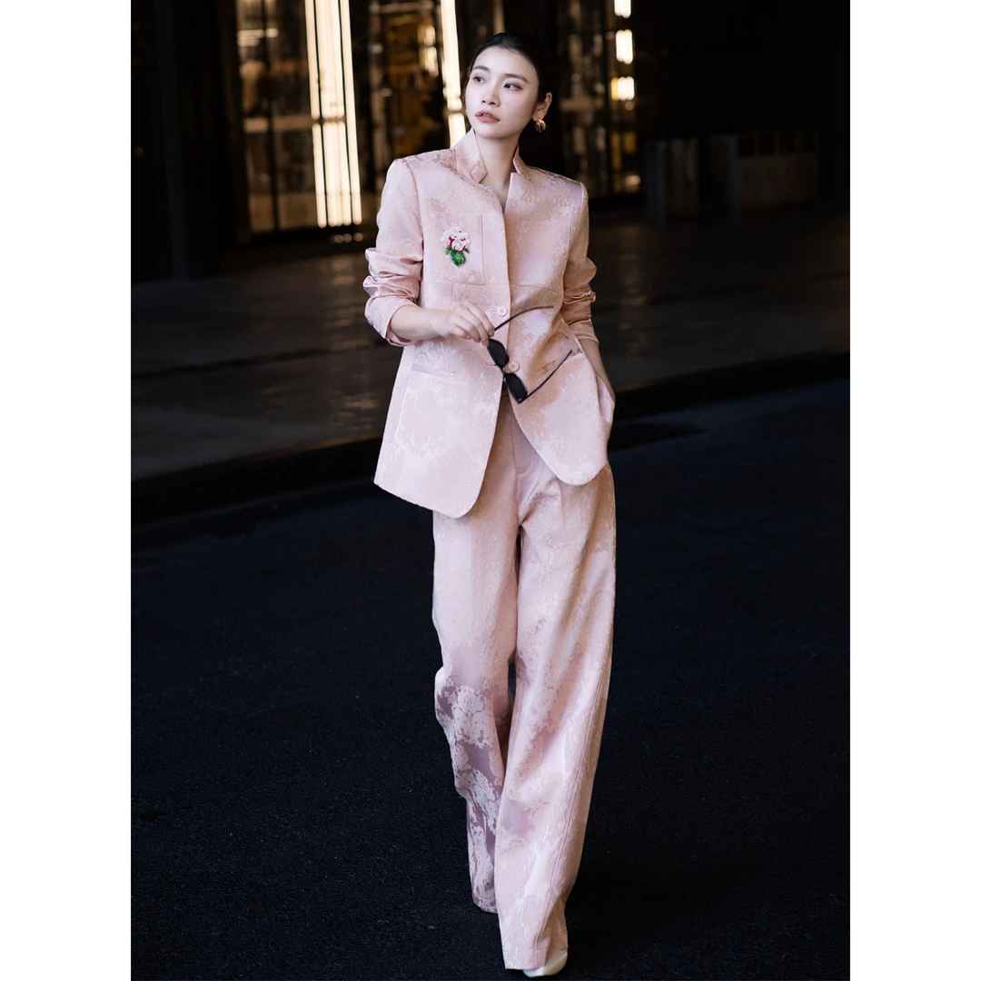 时尚套装复古中国风秋洋气正装设计感提花旗袍领西装阔腿裤两件套