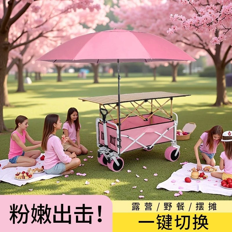 樱花粉可爱出行全网热卖可折叠碳钢材质多功能露营野餐小推车
