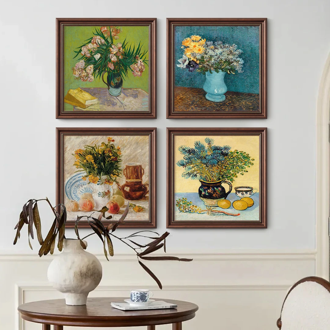 【梵高的瓶花】美式餐厅静物装饰画复古玄关挂画印象派油画客厅壁画