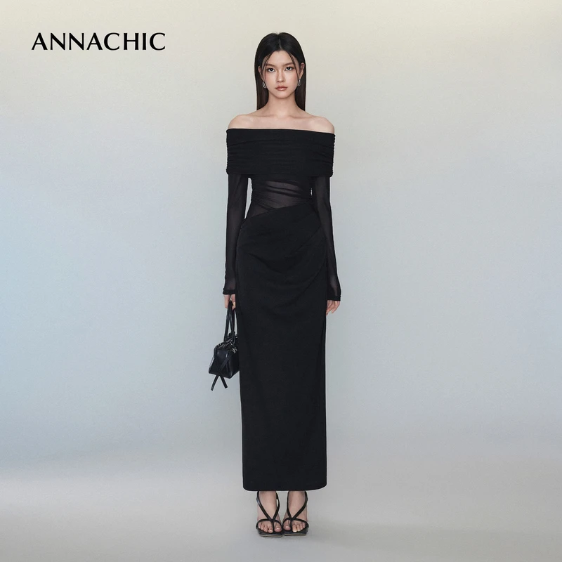 ANNACHIC纯欲风性感拼接网纱鱼尾裙女春季新款连衣裙法式收腰长裙