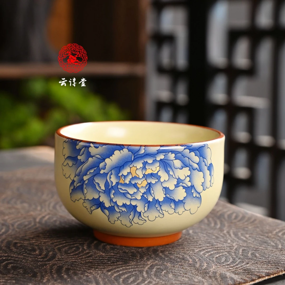新式新款汝瓷蓝色牡丹陶瓷茶杯主人杯