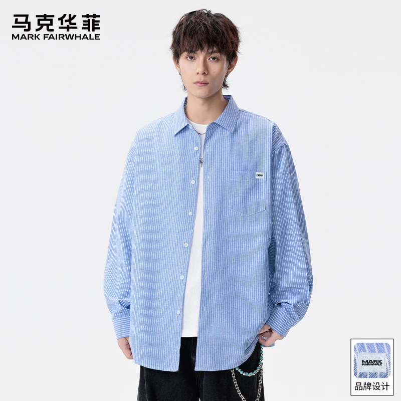 马克华菲秋季美式条纹长袖衬衫男士新款宽松百搭翻领休闲上衣外套