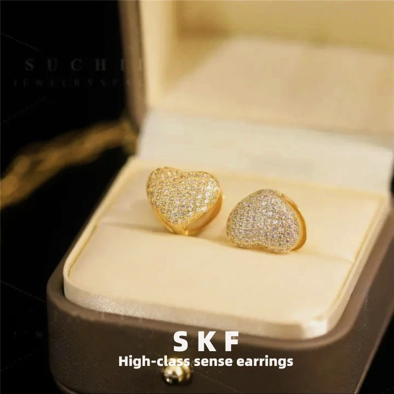 铜合金耳饰 两戴双面爱心耳环微镶心形耳扣轻奢耳钉E1568