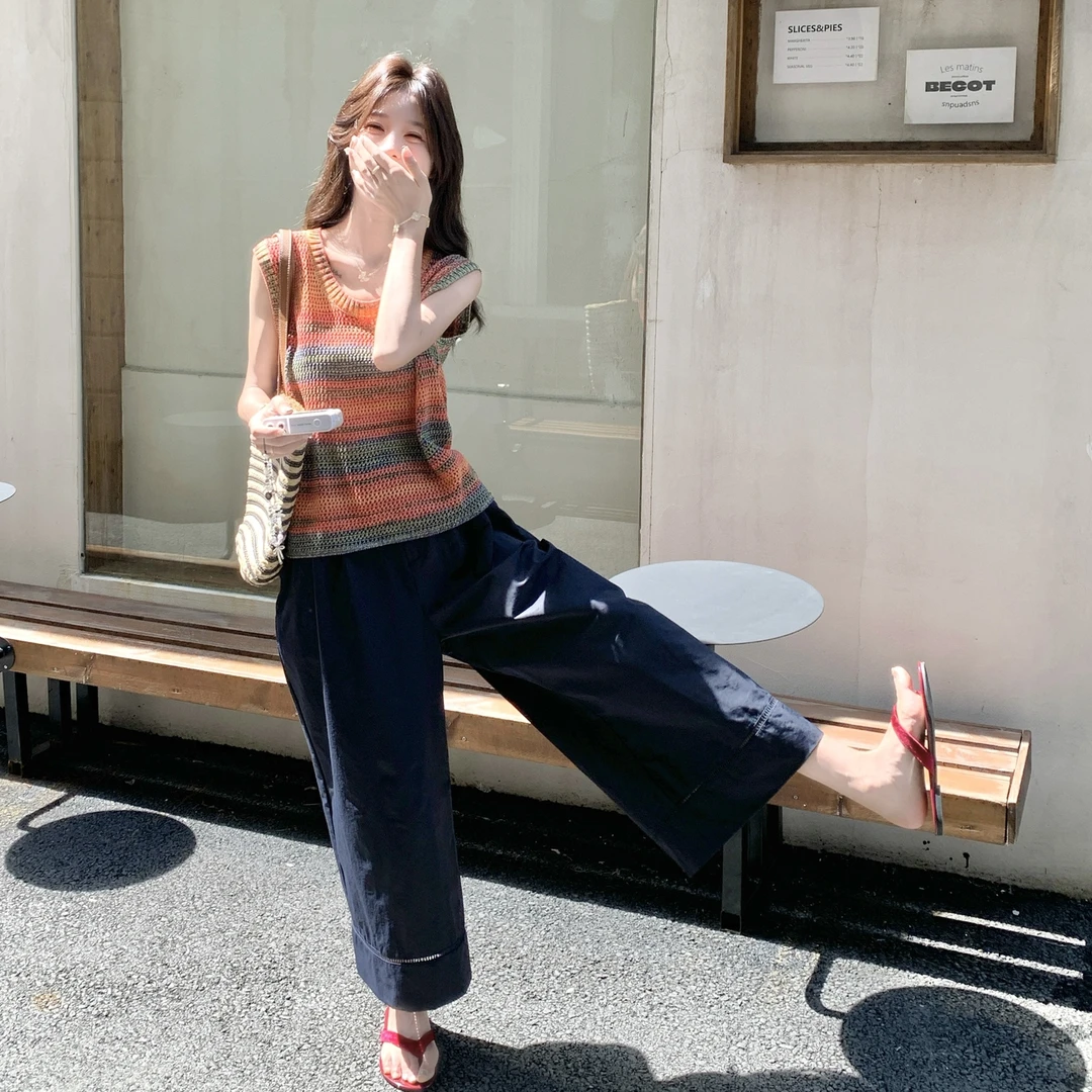韩版彩虹条纹小背心阔腿裤套装女夏新款时尚宽松显瘦小个子两件套