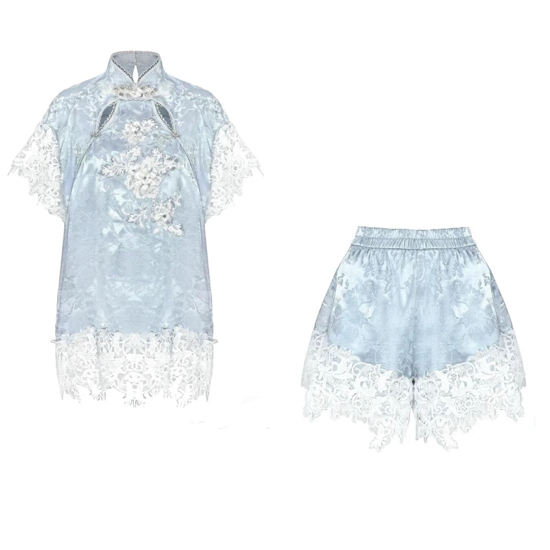 卡莉高定no退no换 春夏新款新中式重工刺绣钉珠蕾丝拼接上衣短裤