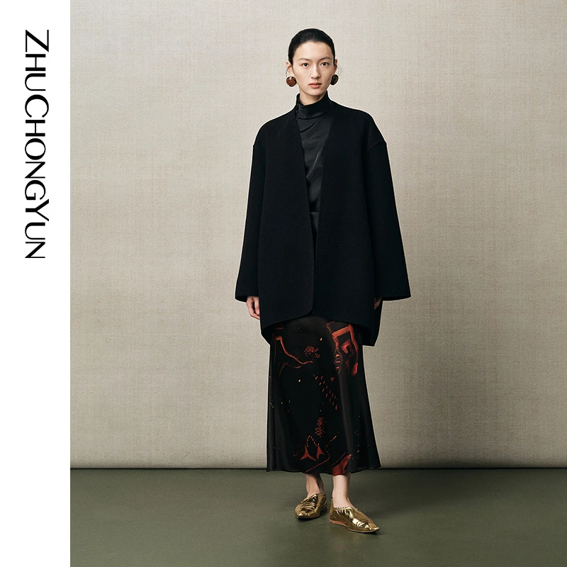 ZHUCHONGYUN2025冬新款毛呢宽松腰间调节中长款大衣外套C1FZ40388