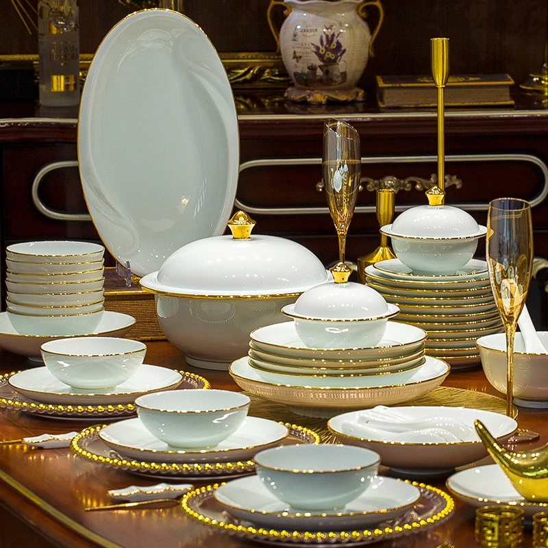 景德镇高端奢华釉下彩高白瓷碗碟套组家用轻奢乔迁餐具