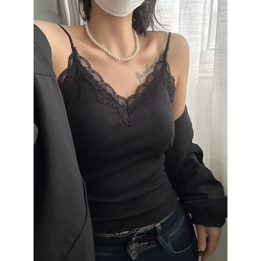 【不接受退换，介意勿拍】早春法式蕾丝吊带背心云感养肤螺纹棉2035